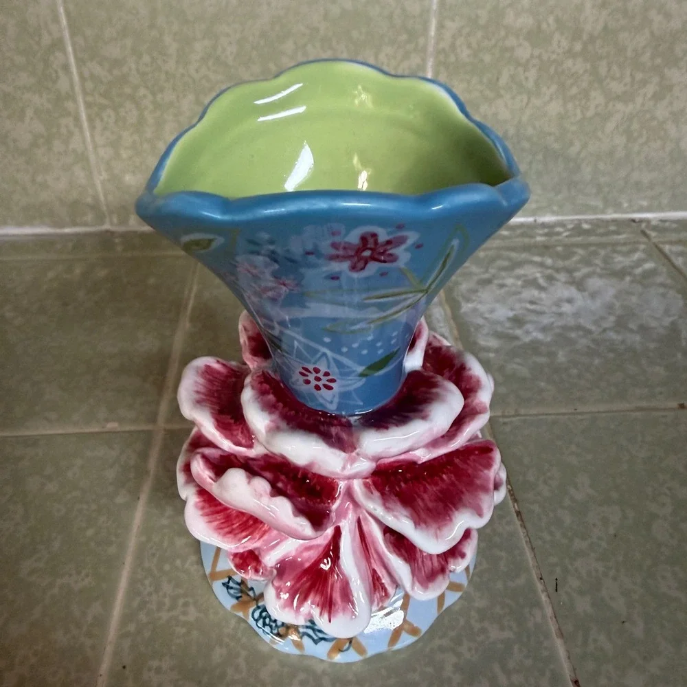 Tracy Porter Hand Painted Ceramic Flower Bud Vase Blue Pink Floral Cottagecore